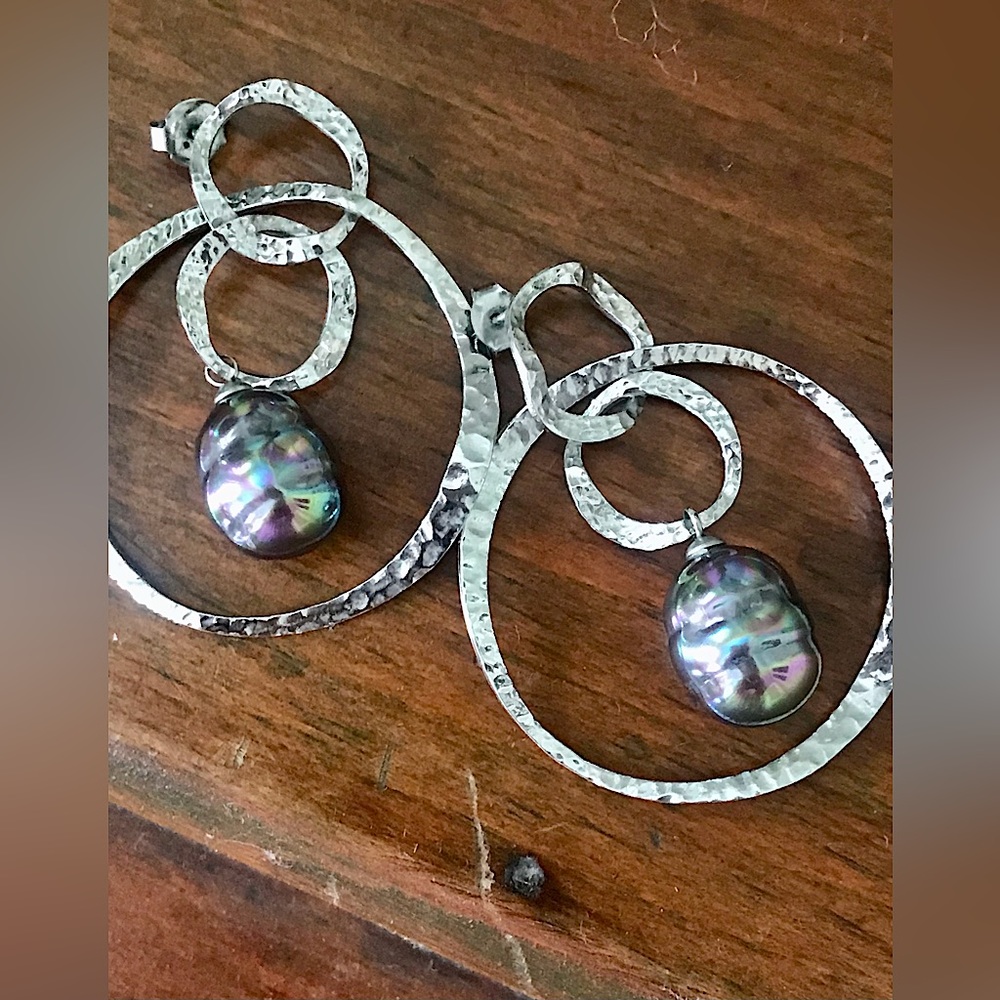 Sterling Tahitian pearl artisan handcrafted hammered silver dangling earrings